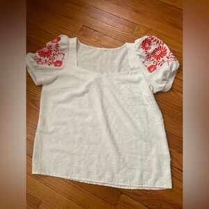 White and Red Embroidered Women's Top